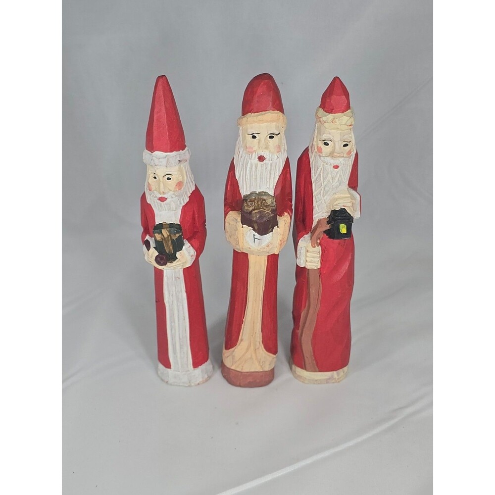 3 Vintage Hand Carved Style Wooden Pencil Santa Figures Primitve Folk Art Lot 3